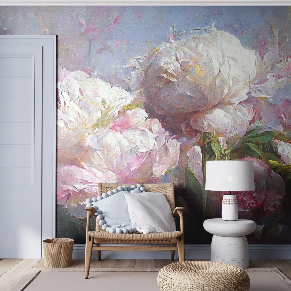 Fotomural Premium Sand - Peonías pastel en un estilo impresionista pictórico. - 100x70cm - Un ramo rebosante de vida - Decoración de pared moderna para salón y dormitorio ARTTOR