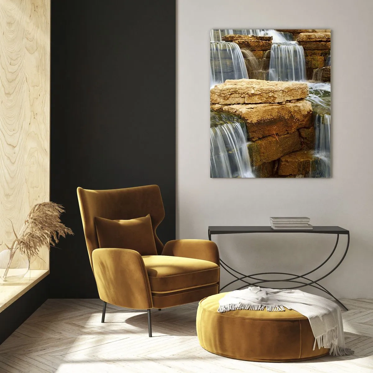 Cuadro sobre vidrio - Impresiones sobre Vidrio - Una cascada que fluye por escalones de piedra. - 70x100cm - Escalera al cielo - Decoración de pared moderna para salón y dormitorio ARTTOR