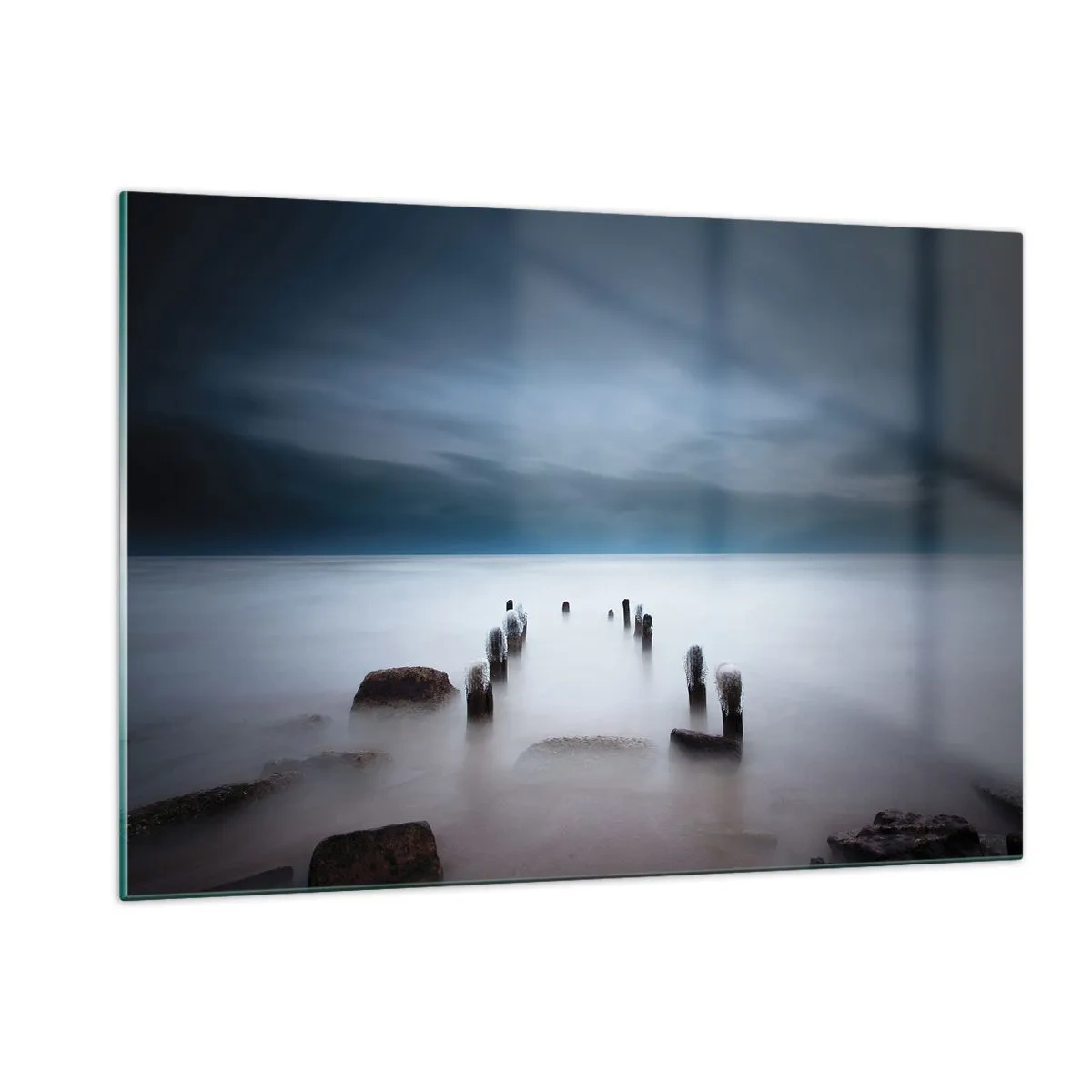 Cuadro sobre vidrio - Impresiones sobre Vidrio - Paisaje costero atmosférico con pilotes de madera. - 120x80cm - El lago del pensamiento - Decoración de pared moderna para salón y dormitorio ARTTOR