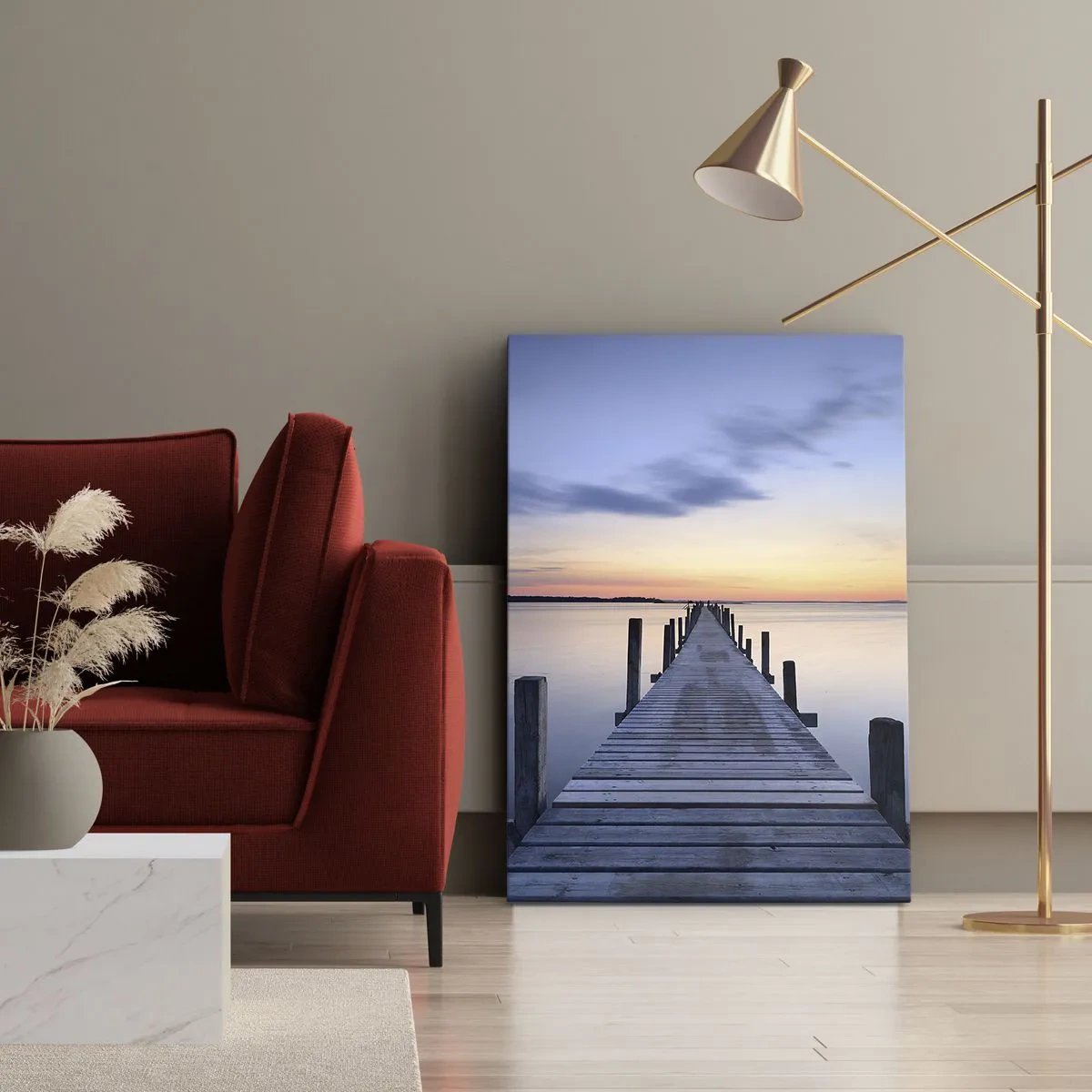 Cuadro sobre lienzo - Impresión de Imagen - Muelle de madera en el lago al atardecer - 50x70cm - La calma de un crepúsculo sereno - Decoración de pared moderna para salón y dormitorio ARTTOR