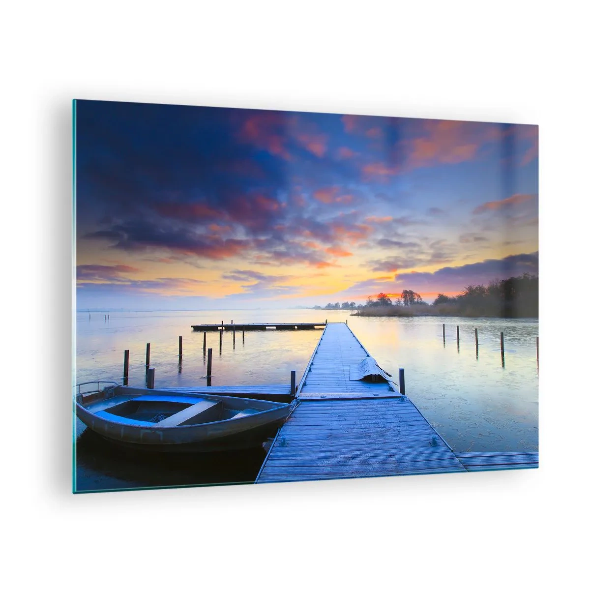 Cuadro sobre vidrio - Impresiones sobre Vidrio - Un muelle en el lago al amanecer rodeado de naturaleza tranquila. - 70x50cm - Calma púrpura y dorada - Decoración de pared moderna para salón y dormitorio ARTTOR