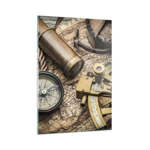 Cuadro sobre vidrio - Impresiones sobre Vidrio - Brújula, mapa y ayudas para la navegación de estilo retro - 50x70cm - Establecer un rumbo - Decoración de pared moderna para salón y dormitorio ARTTOR