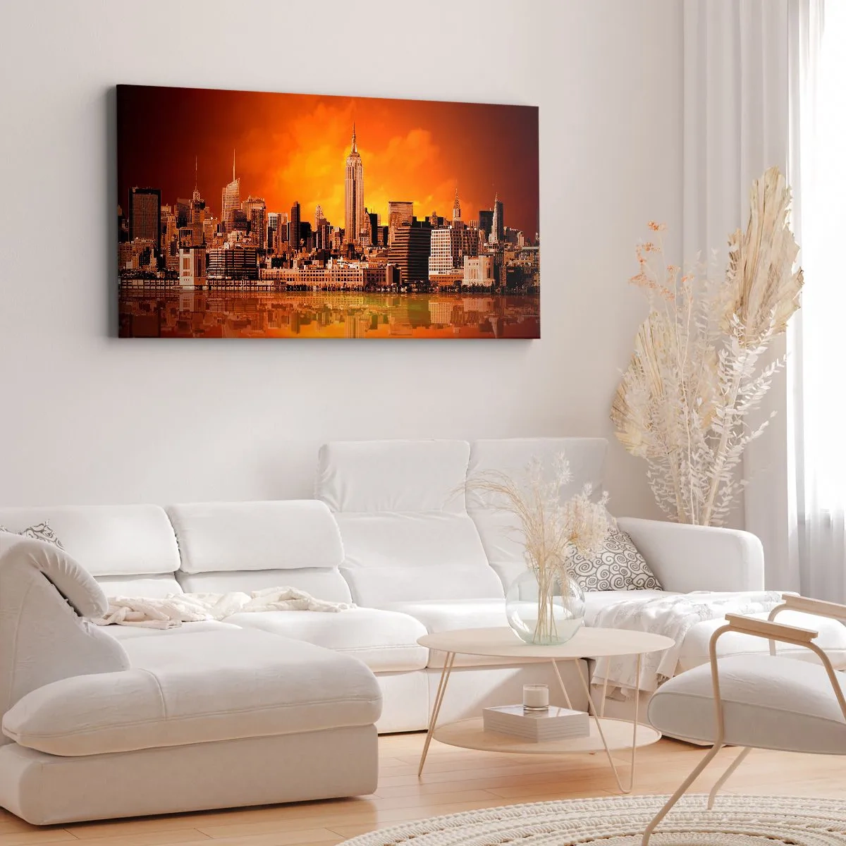 Cuadro sobre lienzo - Impresión de Imagen - Un panorama de la ciudad en amarillo y marrón - 90x30 cm