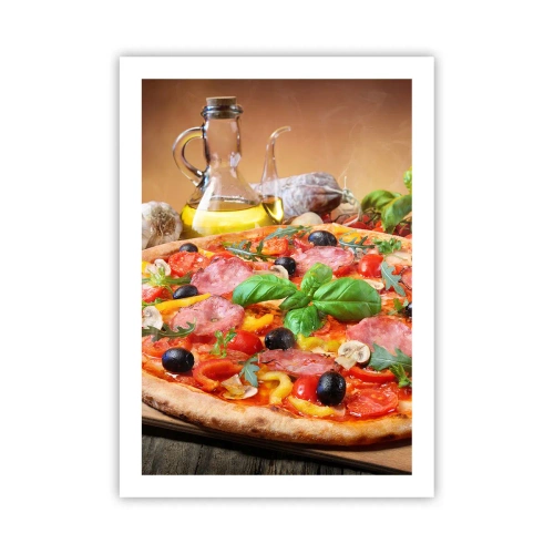 Póster - Deliciosa pizza con aceitunas y hierbas sobre una mesa de madera. - 50x70cm - Con un verdadero sabor italiano - Decoración de pared moderna para salón y dormitorio ARTTOR
