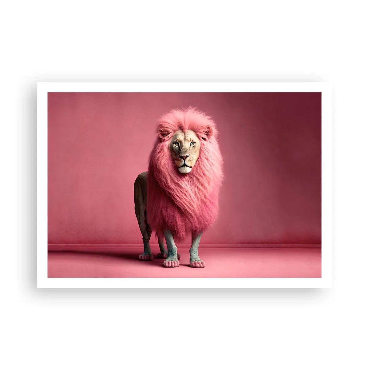 Póster - Un león artísticamente representado con una melena rosa sobre un fondo rosa. - 100x70cm - Y ya no me tienes miedo - Decoración de pared moderna para salón y dormitorio ARTTOR