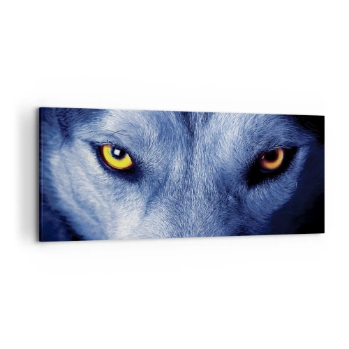 Cuadro sobre lienzo - Impresión de Imagen - Primer plano de la intensa mirada de un lobo sobre un fondo oscuro. - 120x50cm - La mirada hipnótica - Decoración de pared moderna para salón y dormitorio ARTTOR