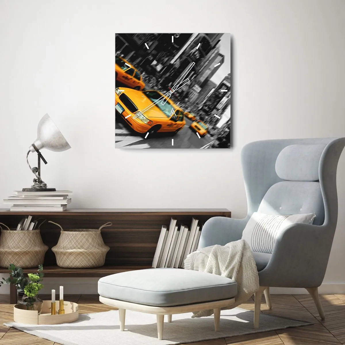 Reloj de pared - Reloj de vidrio - Taxis amarillos en una intersección concurrida de la ciudad - 30x30cm - El sol cae sobre Nueva York - Decoración de pared moderna para salón y dormitorio ARTTOR