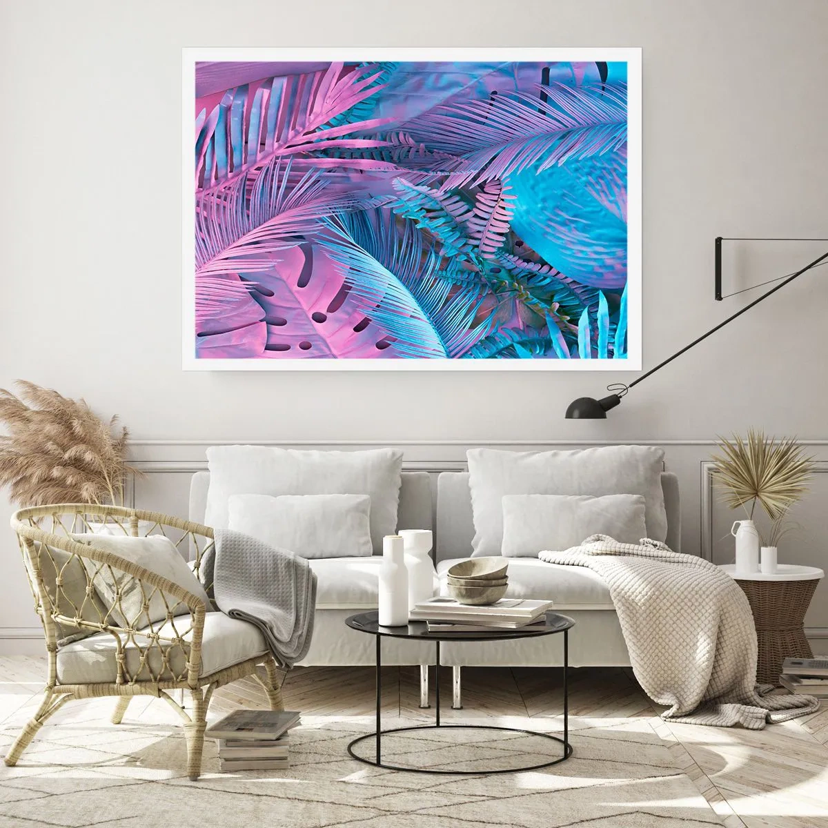 Póster - Hojas tropicales en tonos rosa y azul. - 100x70cm - Trópicos en rosa y azul - Decoración de pared moderna para salón y dormitorio ARTTOR