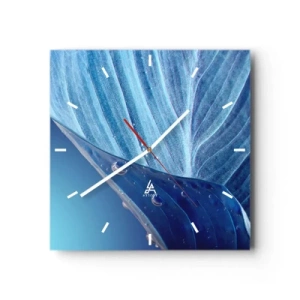 Reloj de pared - Reloj de vidrio - Una hoja azul con gotas de agua visibles. - 30x30cm - Gotas ocultas de azul - Decoración de pared moderna para salón y dormitorio ARTTOR
