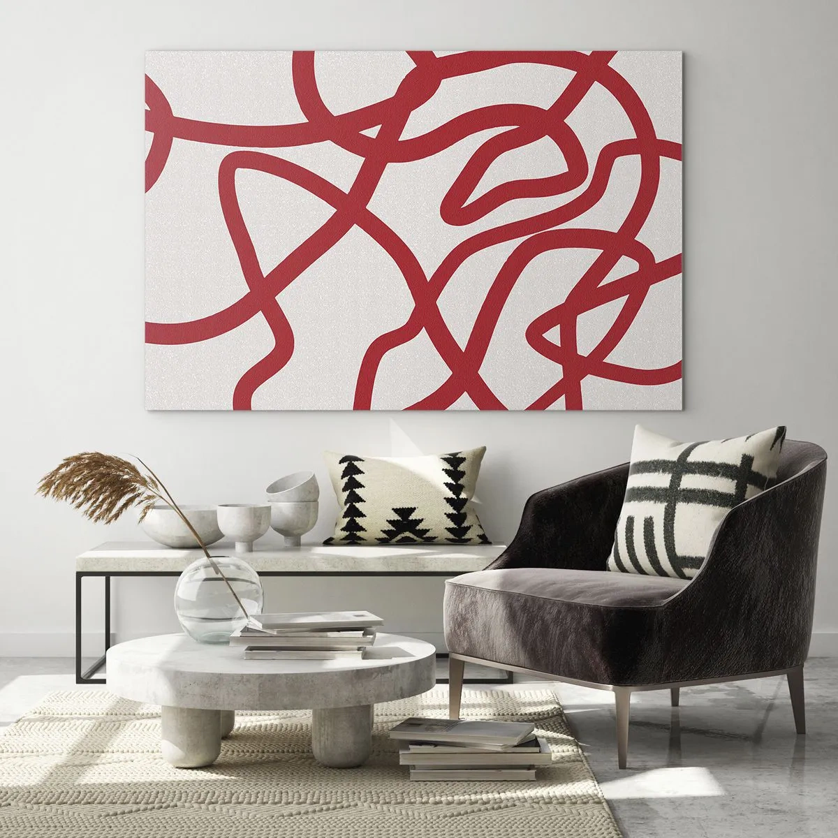 Cuadro sobre vidrio - Impresiones sobre Vidrio - Líneas rojas que giran dinámicamente sobre un fondo blanco - 70x50cm - Rojo sobre blanco - Decoración de pared moderna para salón y dormitorio ARTTOR