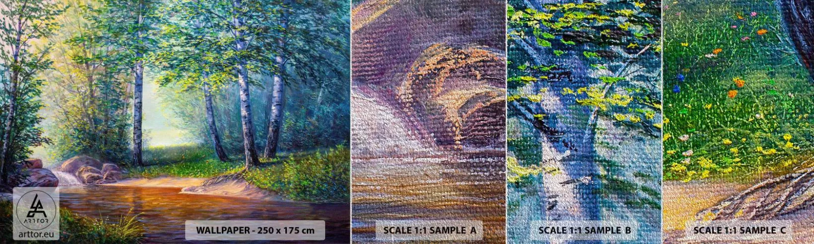 Muestra de fotomural Premium Sand - Paisaje idílico - Paisaje, Bosque, Río - 100x30 cm