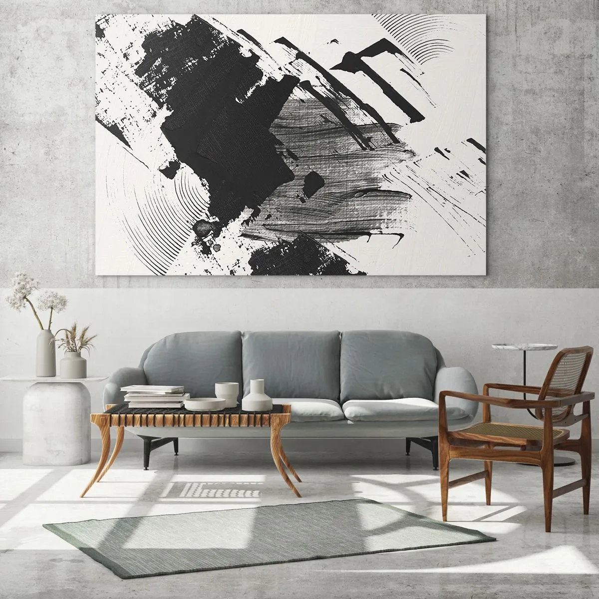 Cuadro sobre vidrio - Impresiones sobre Vidrio - Abstracción expresiva en blanco y negro con trazos dinámicos. - 70x50cm - Abstracción: la expresión del negro - Decoración de pared moderna para salón y dormitorio ARTTOR