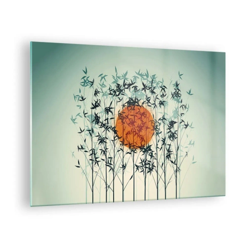 Cuadro sobre vidrio - Impresiones sobre Vidrio - Sol rojo entre delicadas hojas de bambú - 70x50cm - El sol de Japón - Decoración de pared moderna para salón y dormitorio ARTTOR