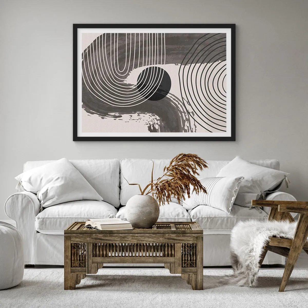 Póster en marco negro - Líneas geométricas y óvalos en tonos monocromáticos. - 70x50cm - La victoria del óvalo - Decoración de pared moderna para salón y dormitorio ARTTOR