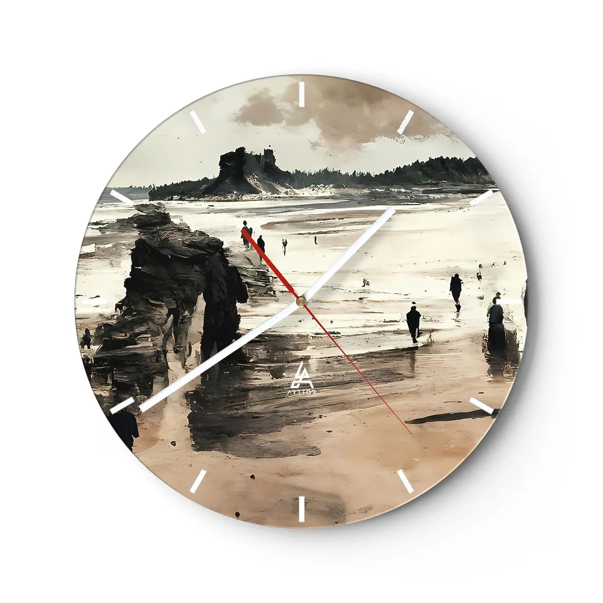 Reloj de pared - Reloj de vidrio - Figuras caminando por la playa con acantilados al fondo - 30x30cm - Un sueño evocado - Decoración de pared moderna para salón, cocina y dormitorio ARTTOR
