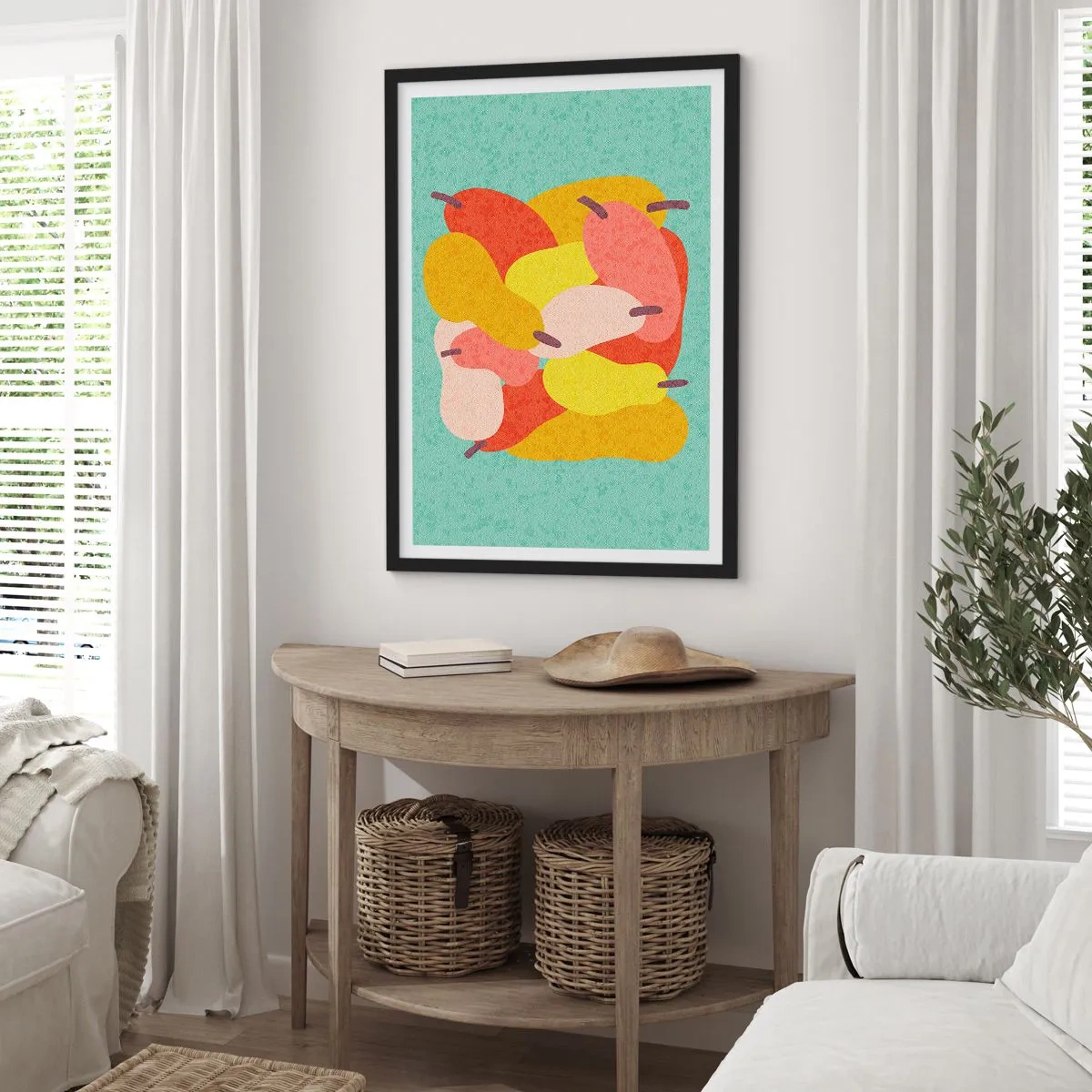 Póster en marco negro - Ilustración colorida de peras sobre un fondo turquesa - 50x70cm - Saborear el sol del verano - Decoración de pared moderna para salón y dormitorio ARTTOR
