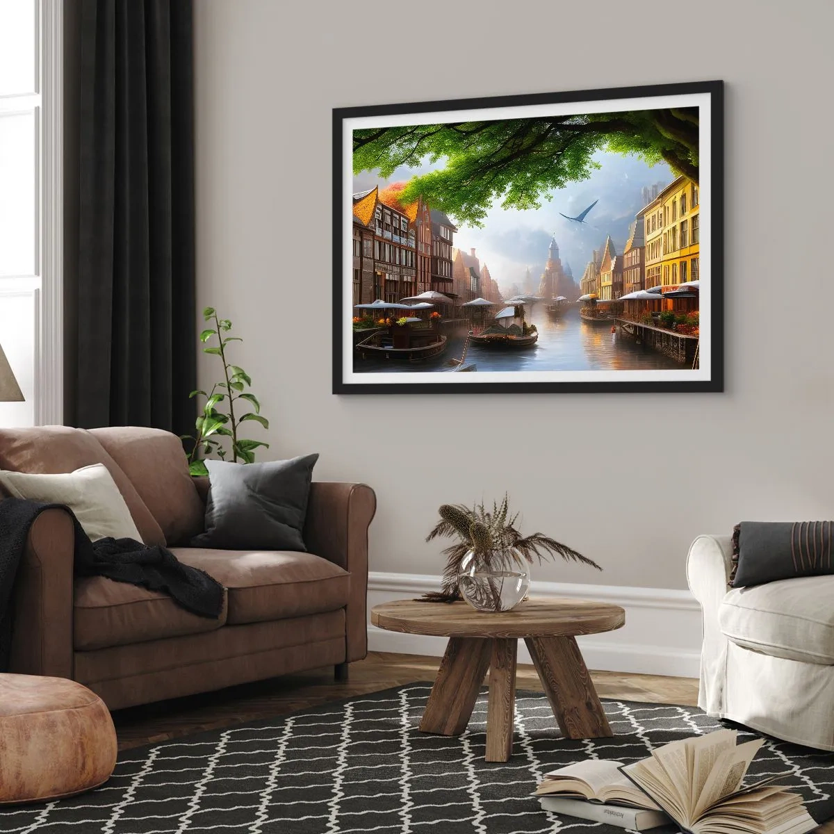 Póster en marco negro - Paisaje urbano holandés - 70x50 cm
