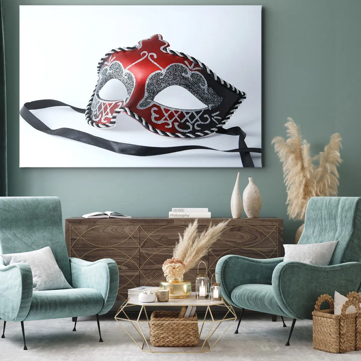 Cuadro sobre lienzo - Impresión de Imagen - Máscara de carnaval roja sobre un fondo claro - 70x50cm - Invitación al baile - Decoración de pared moderna para salón y dormitorio ARTTOR