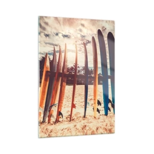 Cuadro sobre vidrio - Impresiones sobre Vidrio - Tablas de surf de colores alineadas en la playa al atardecer - 50x70cm - Buenas noches, hasta mañana - Decoración de pared moderna para salón y dormitorio ARTTOR