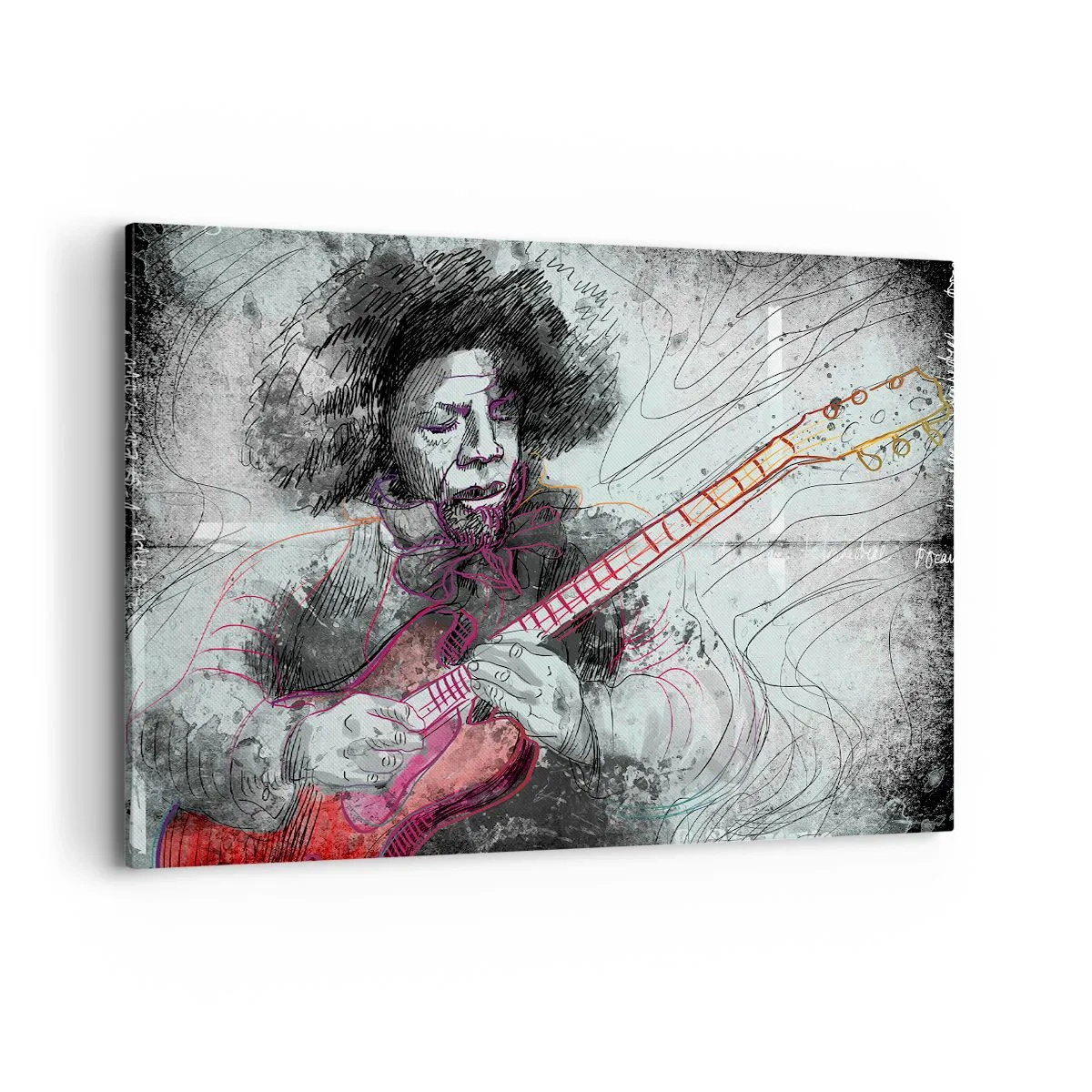 Cuadro sobre lienzo - Impresión de Imagen - Retrato artístico de un guitarrista en la técnica del boceto. - 120x80cm - Volando con la música - Decoración de pared moderna para salón y dormitorio ARTTOR