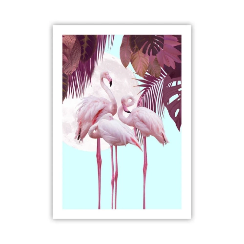 Póster - Flamencos sobre un fondo de follaje tropical y una luna llena. - 50x70cm - La grandeza de las aves - Decoración de pared moderna para salón y dormitorio ARTTOR