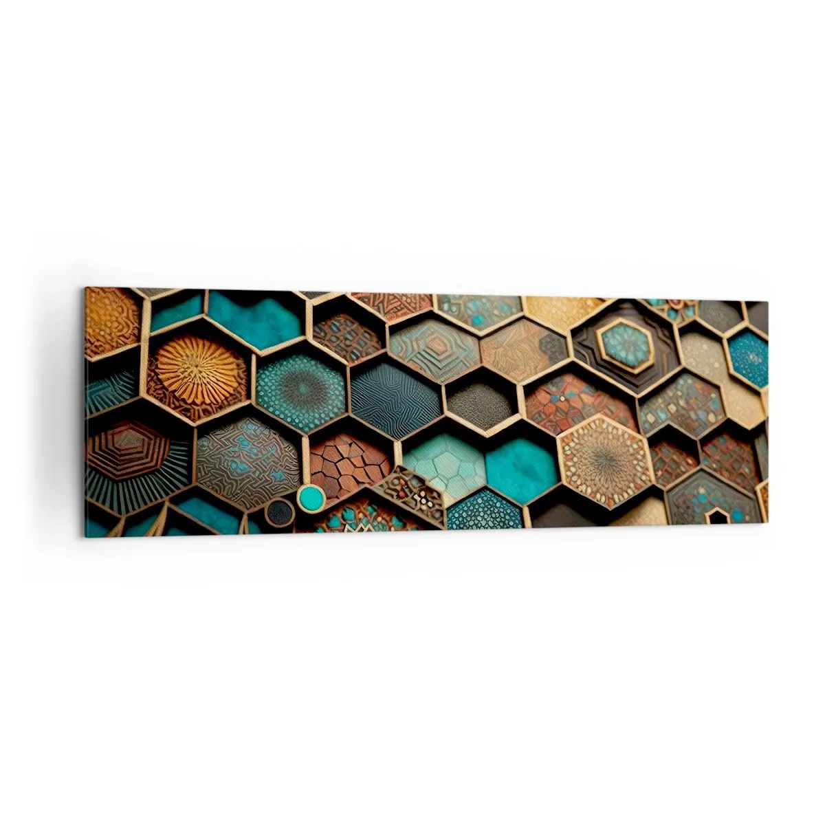 Cuadro sobre lienzo - Impresión de Imagen - Adornos coloridos en patrones hexagonales. - 160x50cm - Ornamentos árabes - Decoración de pared moderna para salón y dormitorio ARTTOR