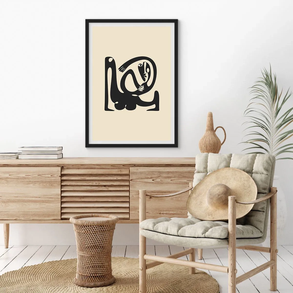 Póster en marco negro - Figura abstracta sobre fondo beige con líneas negras. - 50x70cm - Casi Picasso - Decoración de pared moderna para salón y dormitorio ARTTOR