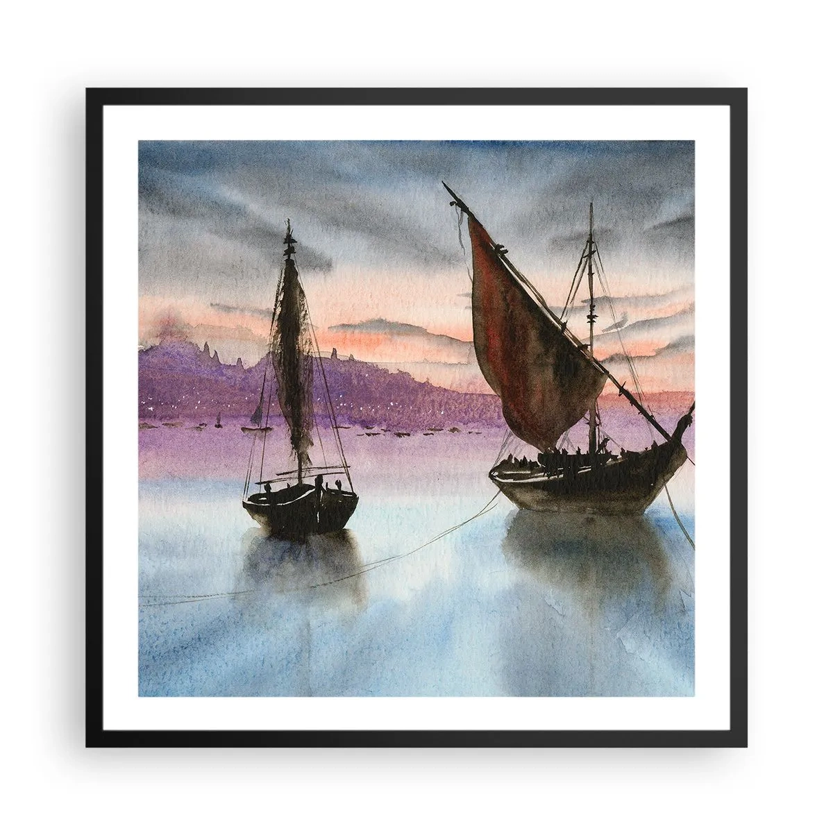 Póster en marco negro - Atardecer en el puerto - 60x60 cm