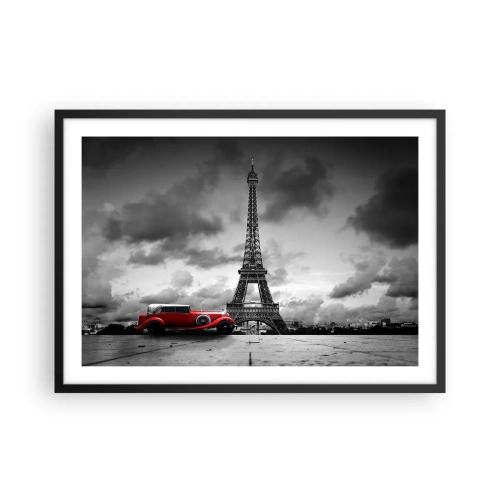 Póster en marco negro - Coche retro rojo frente a la Torre Eiffel en blanco y negro - 70x50cm - No hace mucho tiempo, en París - Decoración de pared moderna para salón y dormitorio ARTTOR