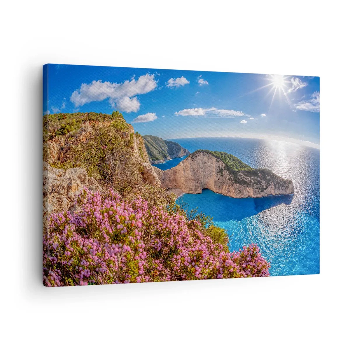 Cuadro sobre lienzo - Impresión de Imagen - Un acantilado con flores, un mar turquesa y un soleado paisaje griego. - 70x50cm - Mis grandes vacaciones en Grecia - Decoración de pared moderna para salón y dormitorio ARTTOR