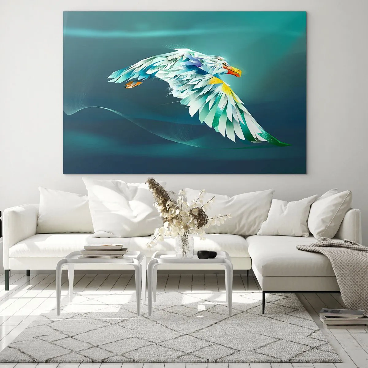 Cuadro sobre vidrio - Impresiones sobre Vidrio - Una imagen abstracta de un águila en tonos azules y blancos sobre un fondo de olas. - 70x50cm - El poder del vuelo del águila - Decoración de pared moderna para salón y dormitorio ARTTOR