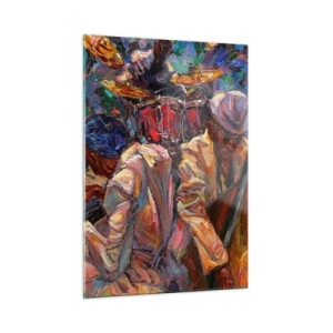 Cuadro sobre vidrio - Impresiones sobre Vidrio - Un colorido escenario de jazz con músicos e instrumentos. - 50x70cm - En un ritmo mágico - Decoración de pared moderna para salón y dormitorio ARTTOR