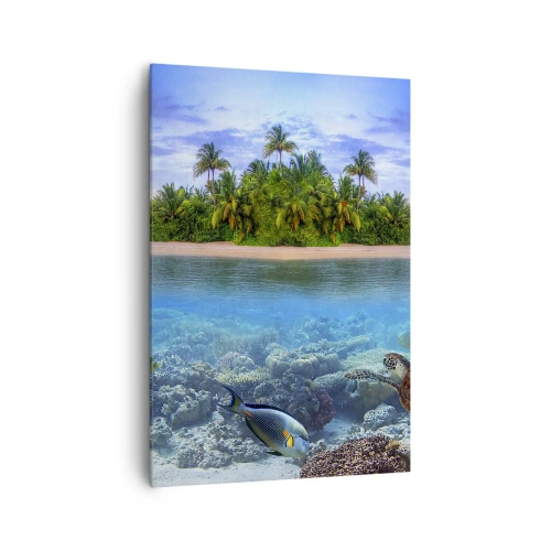 Cuadro sobre lienzo - Impresión de Imagen - Una isla tropical rodeada de un océano turquesa con un arrecife de coral y peces. - 70x100cm - Una isla paradisíaca te invita - Decoración de pared moderna para salón y dormitorio ARTTOR