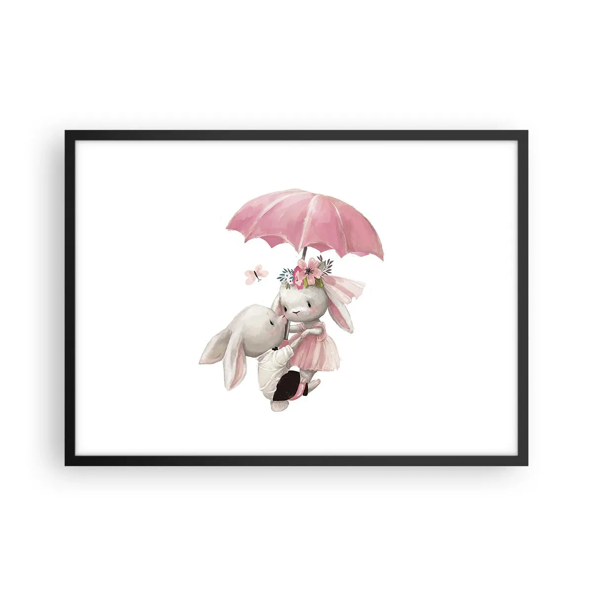 Póster en marco negro - Lindos conejitos bajo una sombrilla rosa - 70x50cm - Esto es amor - Decoración de pared moderna para salón y dormitorio ARTTOR