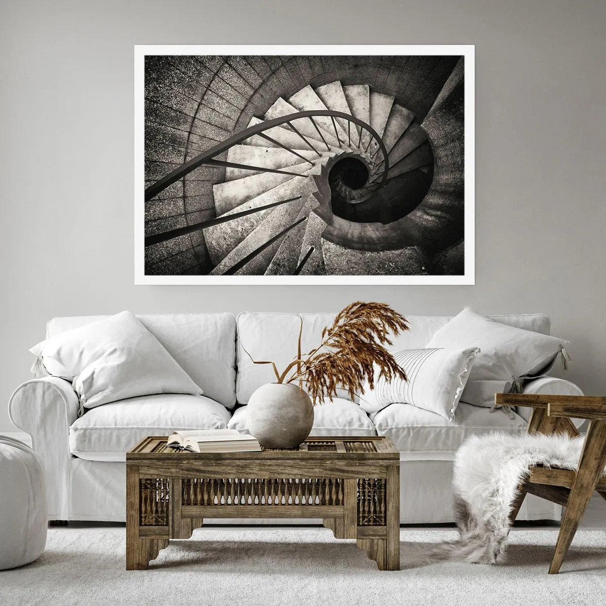Póster - Escalera de caracol en blanco y negro de estilo moderno. - 100x70cm - Escaleras arriba, escaleras abajo - Decoración de pared moderna para salón y dormitorio ARTTOR