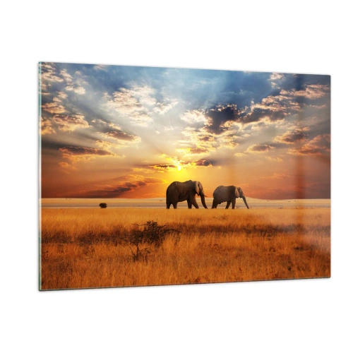 Cuadro sobre vidrio - Impresiones sobre Vidrio - Elefantes en la sabana africana al atardecer - 120x80cm - Un paseo en familia - Decoración de pared moderna para salón y dormitorio ARTTOR