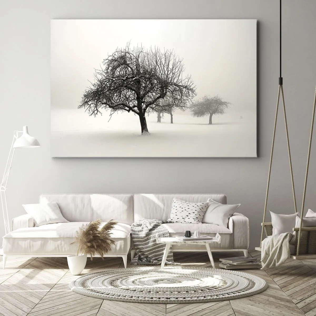 Cuadro sobre lienzo - Impresión de Imagen - Árboles en un campo cubierto de nieve rodeado de niebla. - 120x80cm - Sueño de invierno - Decoración de pared moderna para salón y dormitorio ARTTOR