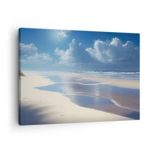 Cuadro sobre lienzo - Impresión de Imagen - Una playa de arena con olas bajo un cielo azul. - 70x50cm - Vacaciones en el paraíso - Decoración de pared moderna para salón y dormitorio ARTTOR