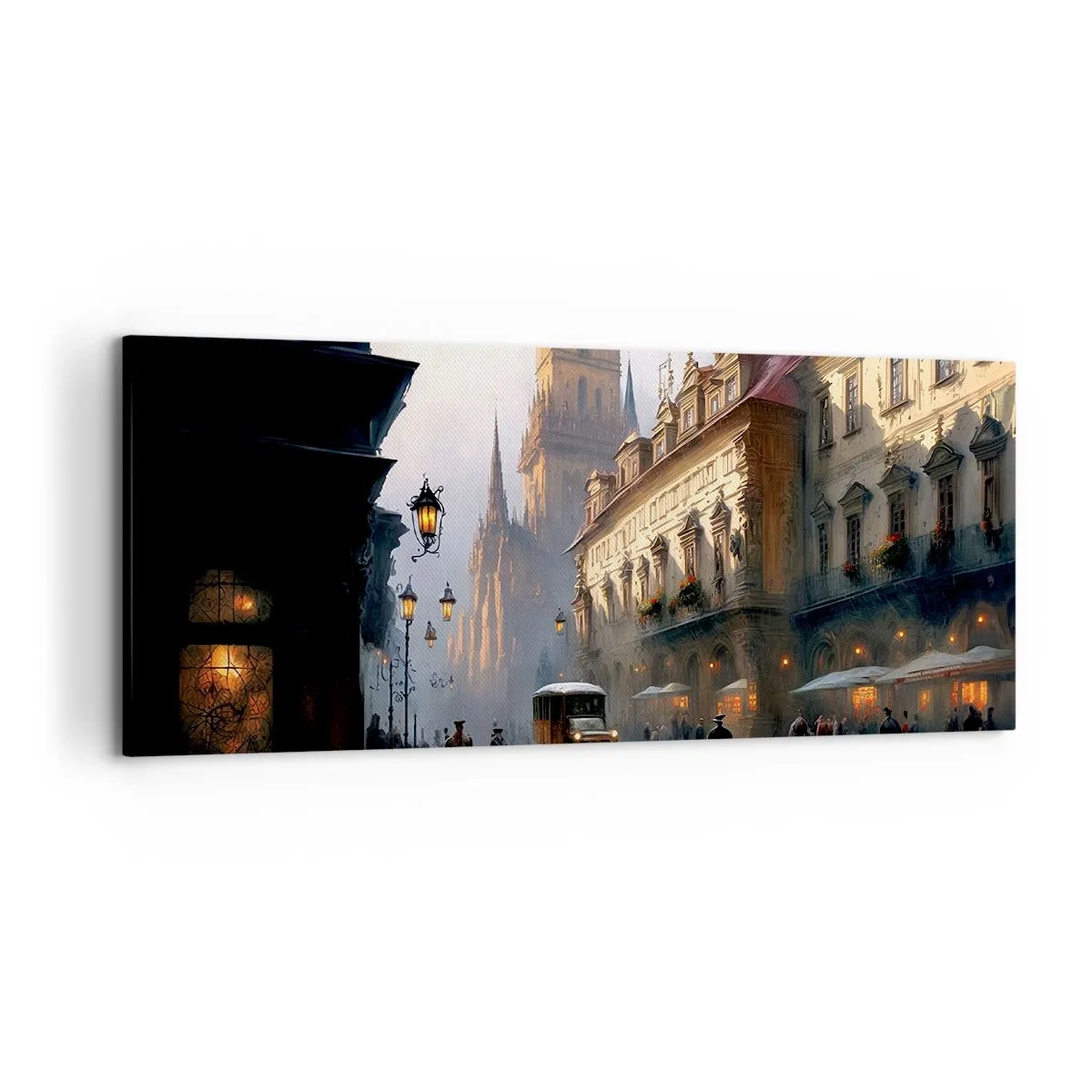 Cuadro sobre lienzo - Impresión de Imagen - Escena callejera nocturna con arquitectura histórica - 120x50cm - La magia de una noche de Praga - Decoración de pared moderna para salón y dormitorio ARTTOR