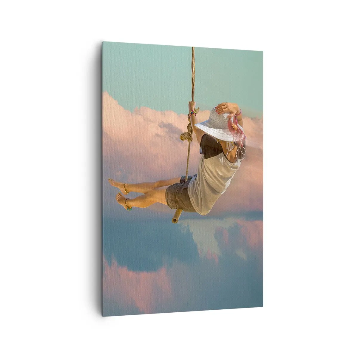 Cuadro sobre lienzo - Impresión de Imagen - Mujer en un columpio entre nubes rosas - 80x120cm - Jugando en las nubes - Decoración de pared moderna para salón y dormitorio ARTTOR