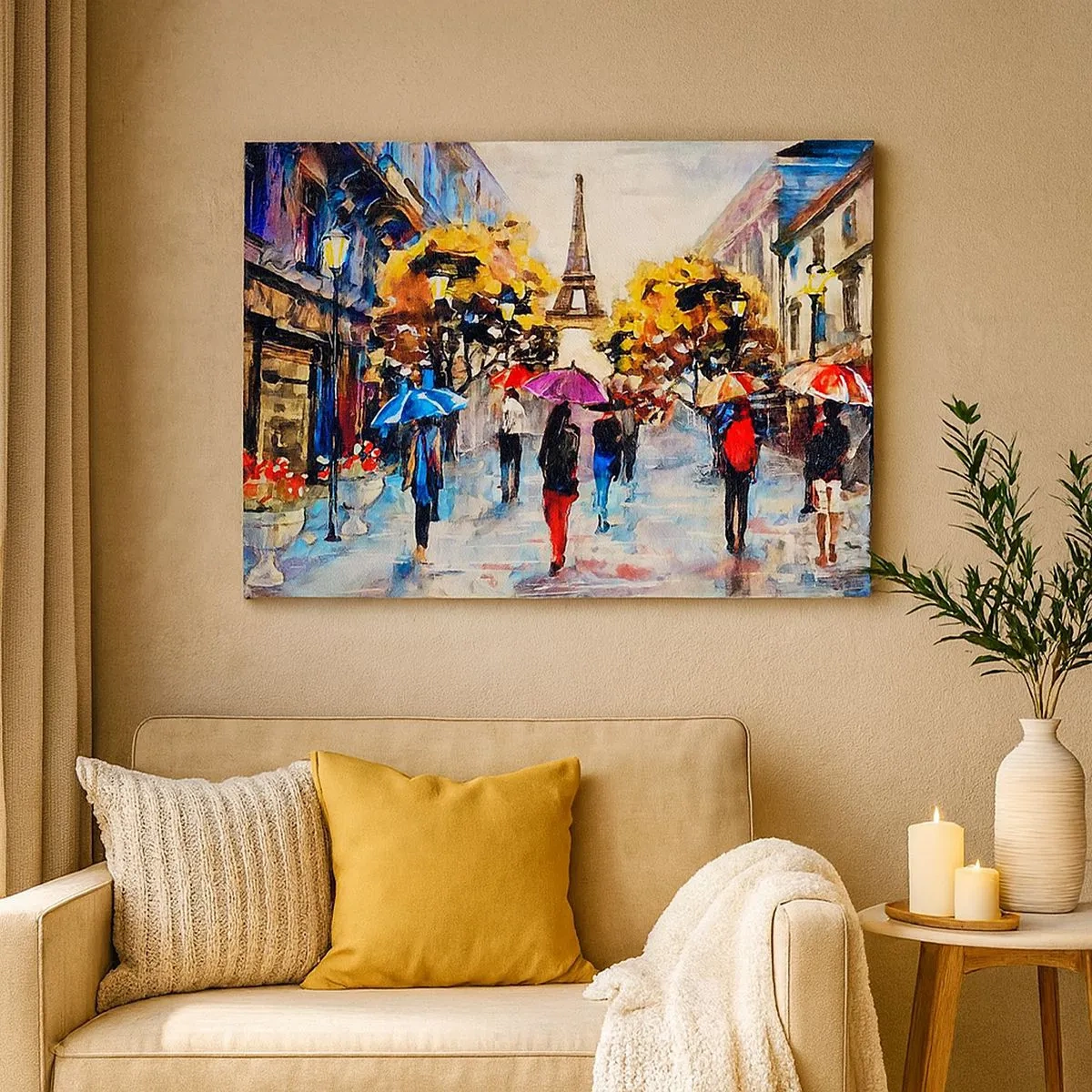 Cuadro sobre lienzo - Impresión de Imagen - Un paseo otoñal por París con vistas a la Torre Eiffel - 70x50cm - Especialmente hermoso en otoño - Decoración de pared moderna para salón y dormitorio ARTTOR