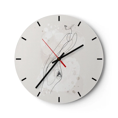 Reloj de pared - Reloj de vidrio - Una silueta minimalista de una mujer dibujada con una línea fina sobre un fondo claro. - 30x30cm - Una mirada no dice nada y al mismo tiempo lo dice todo
