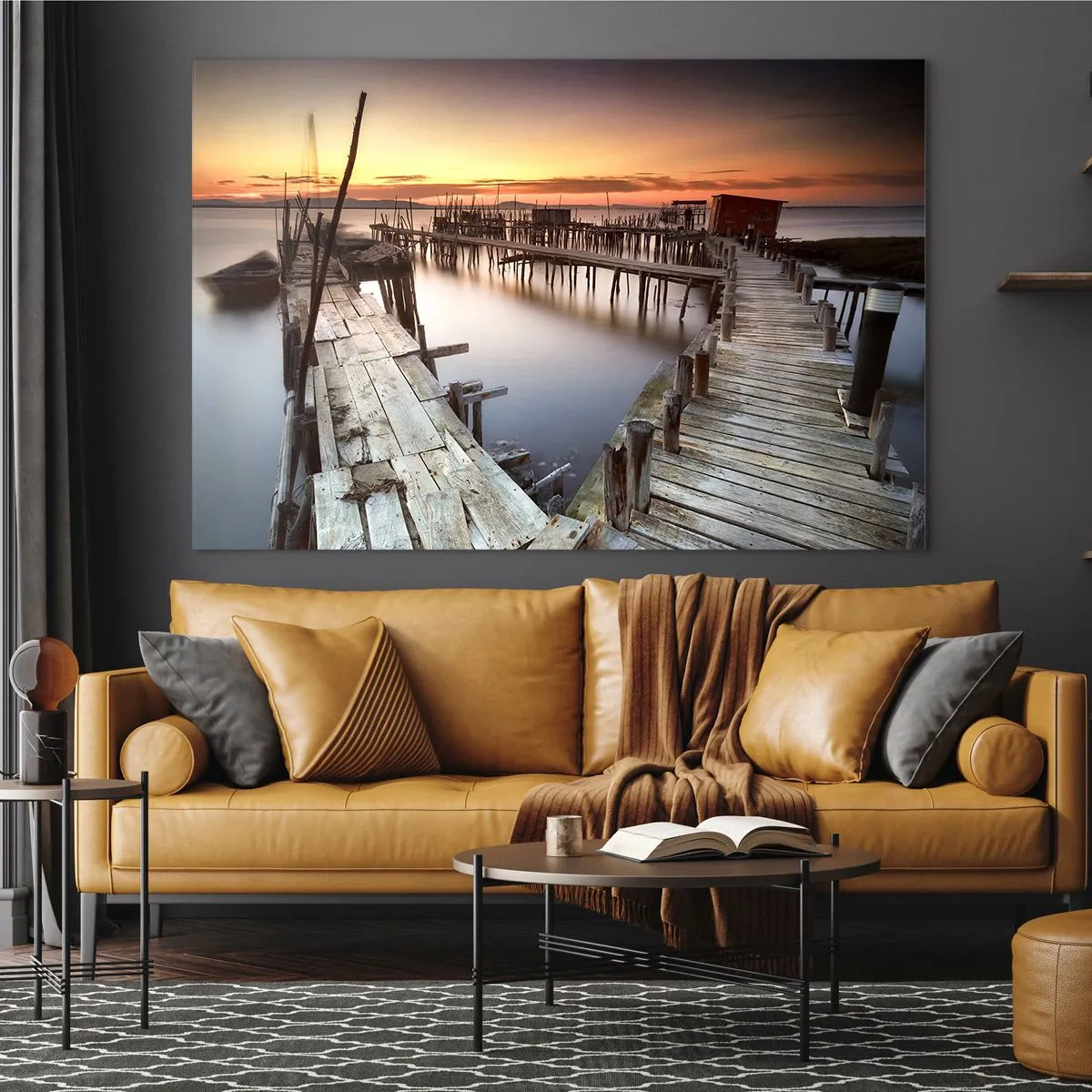 Cuadro sobre vidrio - Impresiones sobre Vidrio - Muelles de madera al atardecer sobre un lago tranquilo - 100x70cm - Auténtico, sublime - Decoración de pared moderna para salón y dormitorio ARTTOR