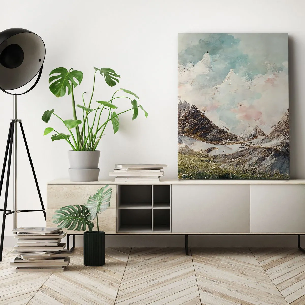 Cuadro sobre lienzo - Impresión de Imagen - Montañas pintorescas con cielos pastel - 50x70cm - Filos rocosos - Decoración de pared moderna para salón y dormitorio ARTTOR