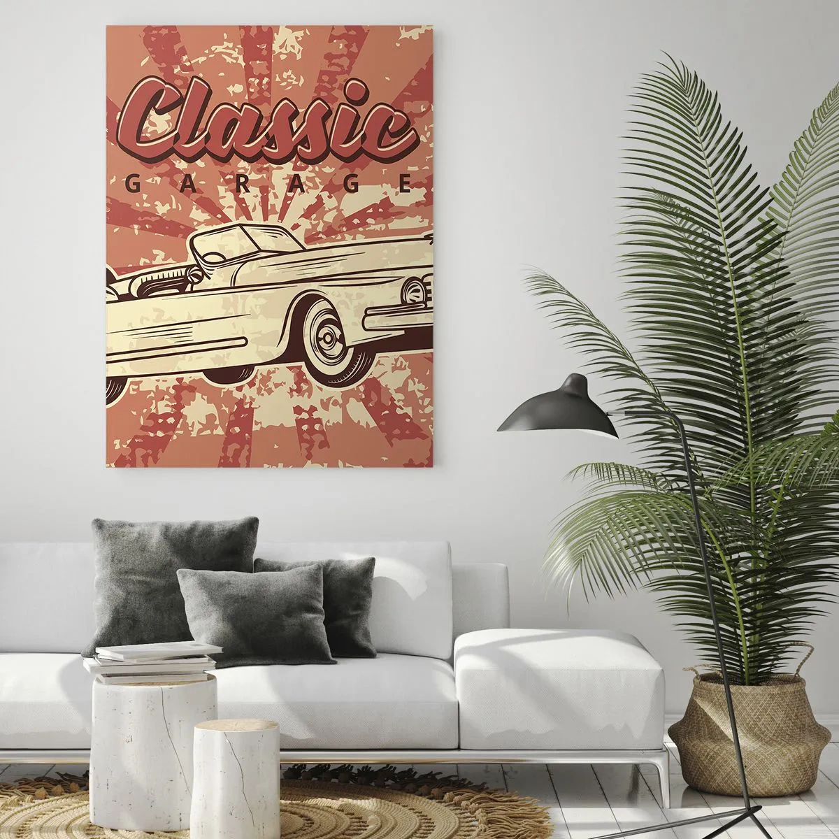 Cuadro sobre vidrio - Impresiones sobre Vidrio - Gráfico retro de un coche clásico sobre un fondo de rayos. - 50x70cm - Y Elvis en la radio - Decoración de pared moderna para salón y dormitorio ARTTOR