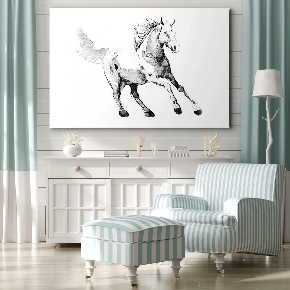 Cuadro sobre lienzo - Impresión de Imagen - Boceto de un caballo al galope en tonos de blanco y negro. - 70x50cm - Alma indómita - Decoración de pared moderna para salón y dormitorio ARTTOR