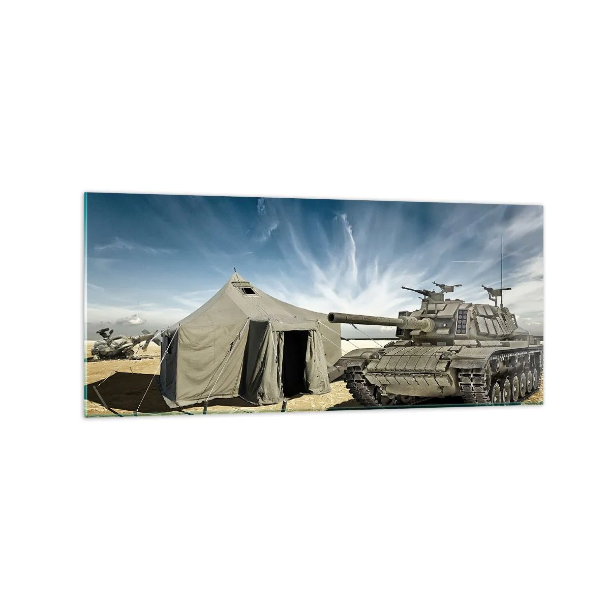 Cuadro sobre vidrio - Impresiones sobre Vidrio - Un tanque junto a una tienda militar en una zona desértica. - 120x50cm - Campaña militar - Decoración de pared moderna para salón y dormitorio ARTTOR