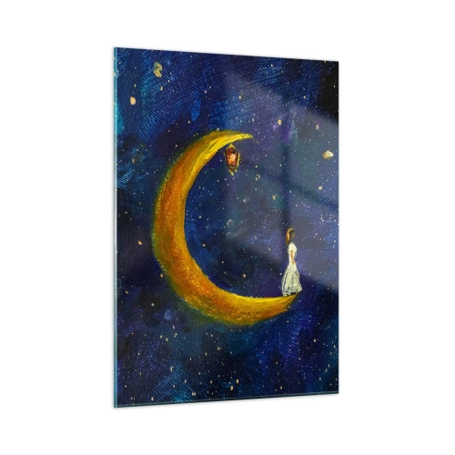 Cuadro sobre vidrio - Impresiones sobre Vidrio - Una figura en la luna en el cielo nocturno. - 50x70cm - La llamada de la Luna - Decoración de pared moderna para salón y dormitorio ARTTOR