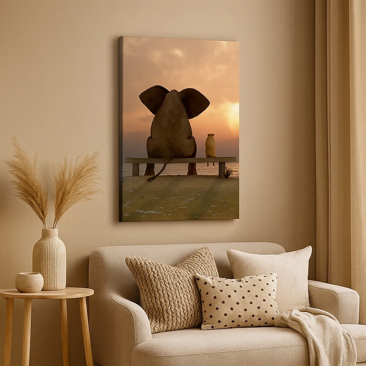 Cuadro sobre lienzo - Impresión de Imagen - Un elefante y un perro están sentados en un banco en la playa durante el atardecer. - 50x70cm - Es bueno estar en silencio juntos - Decoración de pared moderna para salón y dormitorio ARTTOR