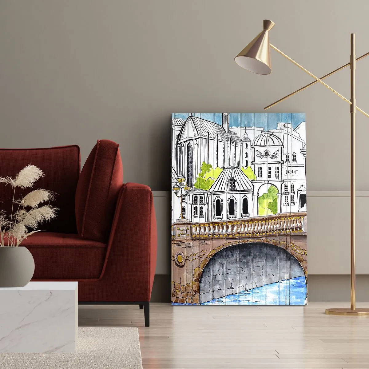 Cuadro sobre lienzo - Impresión de Imagen - Dibujo del puente y arquitectura urbana histórica - 50x70cm - Una ciudad de dibujo - Decoración de pared moderna para salón y dormitorio ARTTOR